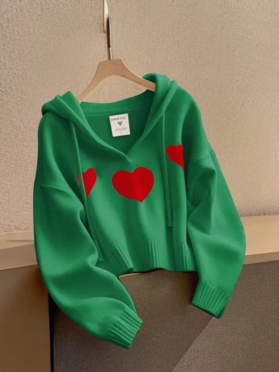 早秋韩系氛围感独特超好看休闲软糯洋气减龄绿色爱心连帽针织毛衣
