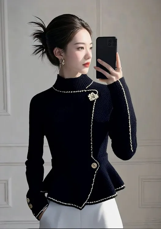 2024新款冬季女款时尚百搭毛衣黑色气质厚款法式潮流休闲洋气上衣