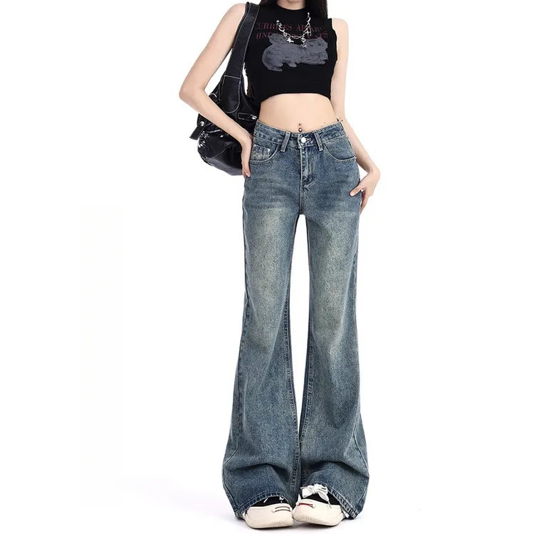 美式复古微喇牛仔裤女2024春秋季新款高腰显瘦辣妹直筒阔腿微喇裤