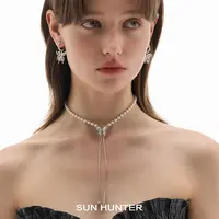 铜合金仿珍珠项链 三横SUN HUNTER原创串珠蝴蝶抽拉项链毛衣链
