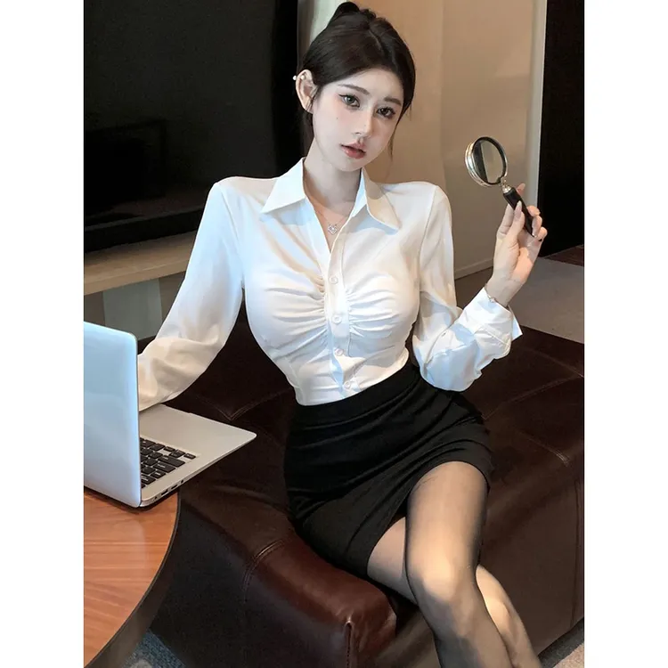 春秋新款职业纯欲ol制服女大码褶皱收腰白衬衫包臀裙性感两件套
