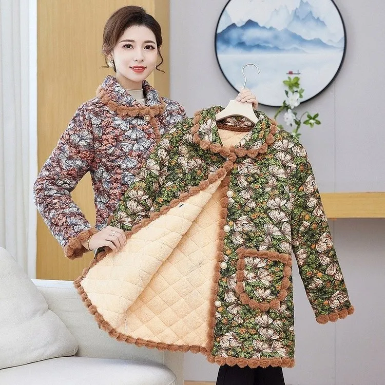 妈妈冬季外套新款中长款中老年碎花棉袄加绒加厚保暖棉衣棉服洋气
