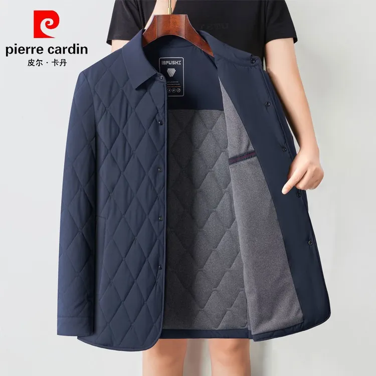 皮尔卡丹含桑蚕丝秋冬季男士棉衣中年夹克爸爸装翻领轻薄棉服外套