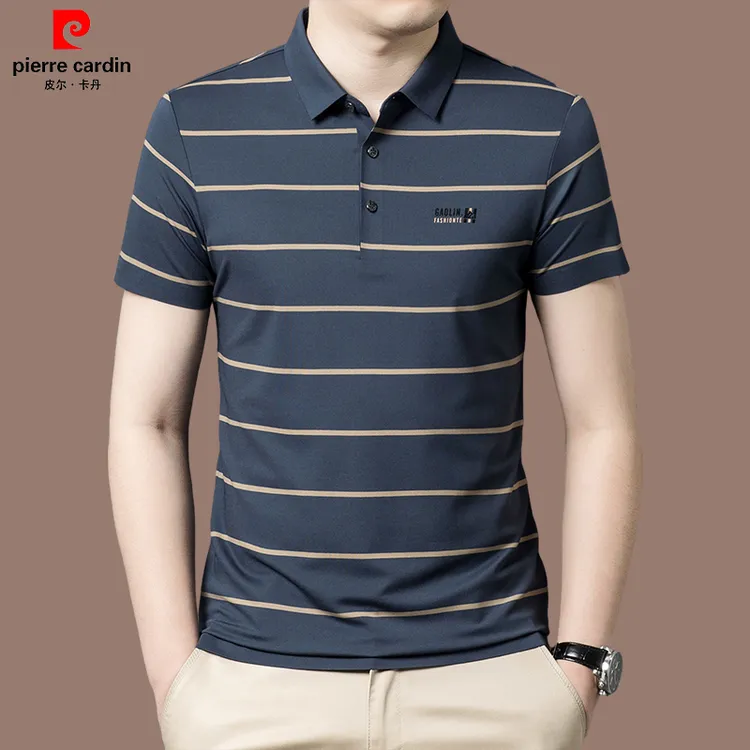 皮尔卡丹高档轻奢男士桑蚕丝polo衫翻领条纹短袖T恤垂顺透气T恤潮