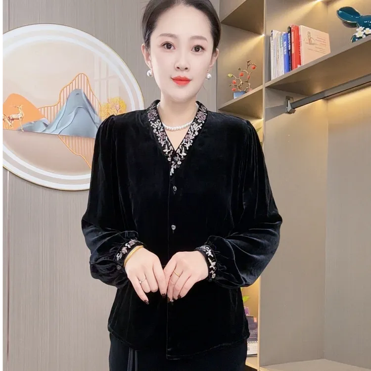 秋季新中式绣花丝绒开衫外套短款百搭时尚洋气显瘦休闲气质小衫