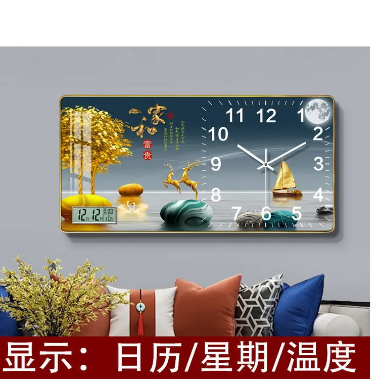 钟表网红轻奢客厅静音温度墙壁挂画石英时钟家用上挂表挂画装饰画