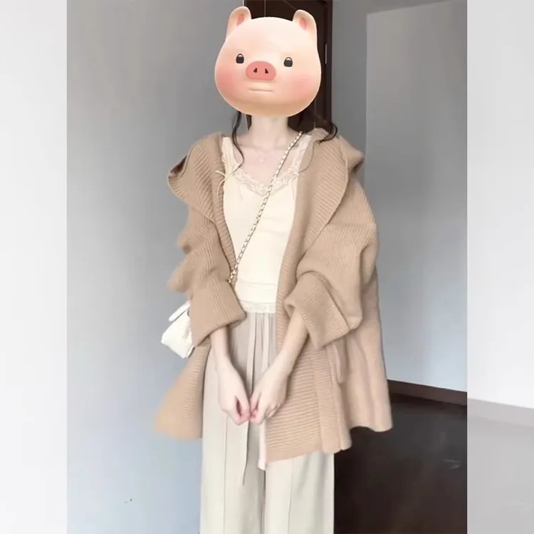 廓形翻领连帽加厚大码针织开衫女秋冬新款韩系设计感小众毛衣外套