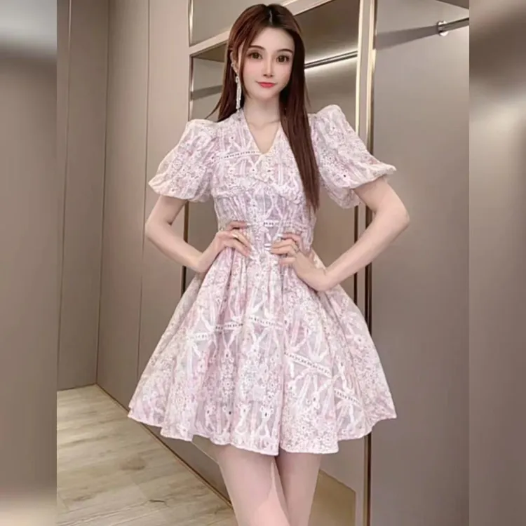 柔娜定制  女神约会浪漫款气质法式收腰显瘦V领连衣裙80143