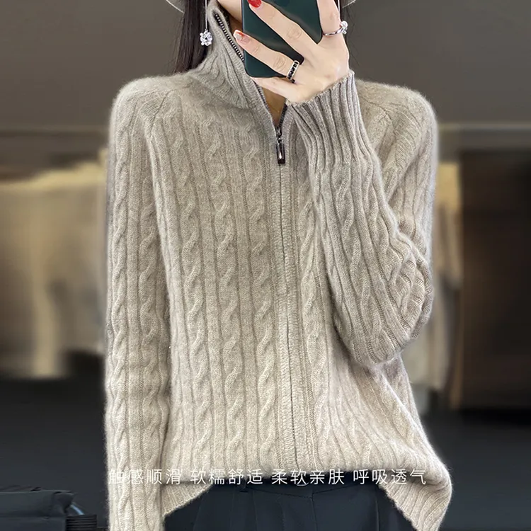 100纯羊绒衫女士秋冬新款加厚拉链针织开衫外套宽松羊毛外穿毛衣