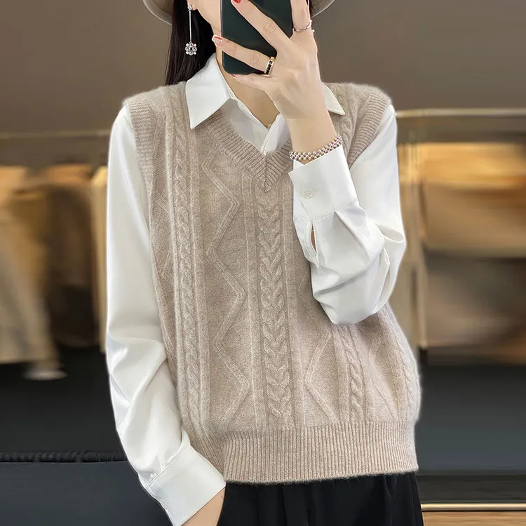 100纯羊绒衫女秋冬背心马甲针织毛衣宽松外搭坎肩无袖羊毛打底衫