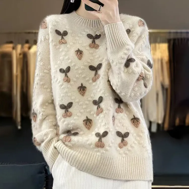 100纯羊毛衫女秋冬新款加厚针织毛衣百搭重工钩花宽松羊绒打底衫