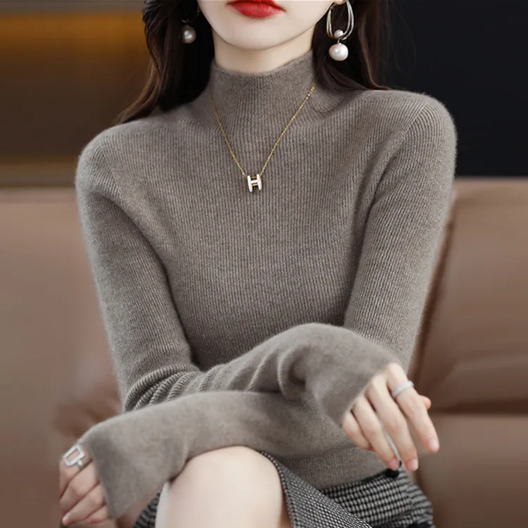 100纯羊绒衫女士半高领秋冬修身显瘦百搭毛衣纯色羊毛针织打底衫
