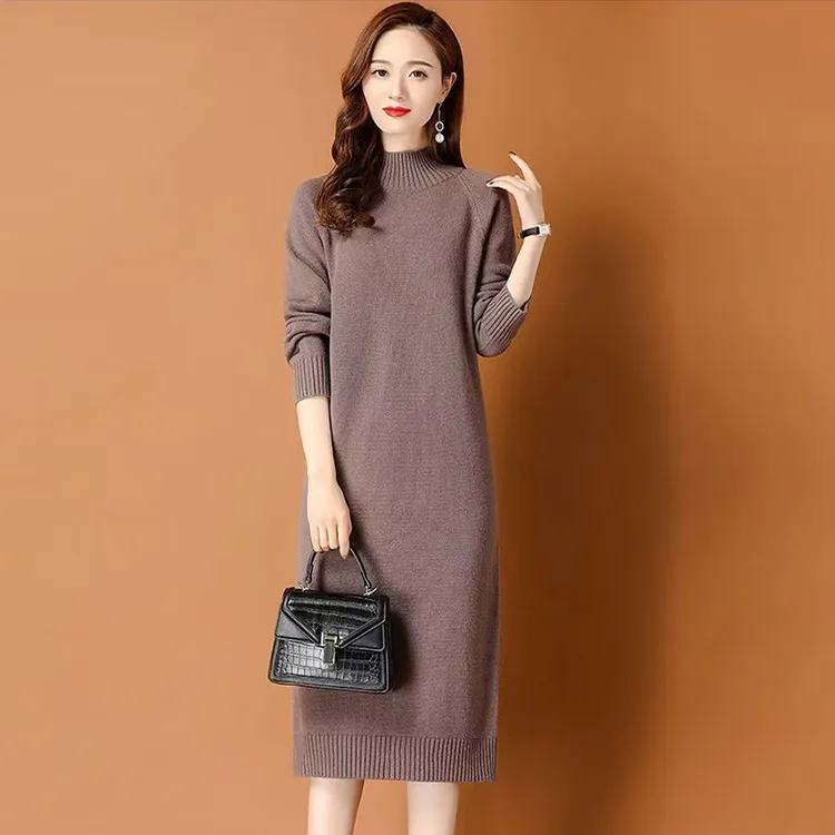100纯羊毛衫女半高领秋冬长款过膝毛衣裙宽松加厚羊绒百搭打底衫