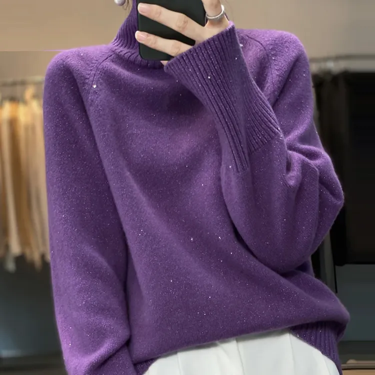 100纯羊绒衫女士秋冬新款高领宽松毛衣针织加厚堆堆领羊毛打底衫