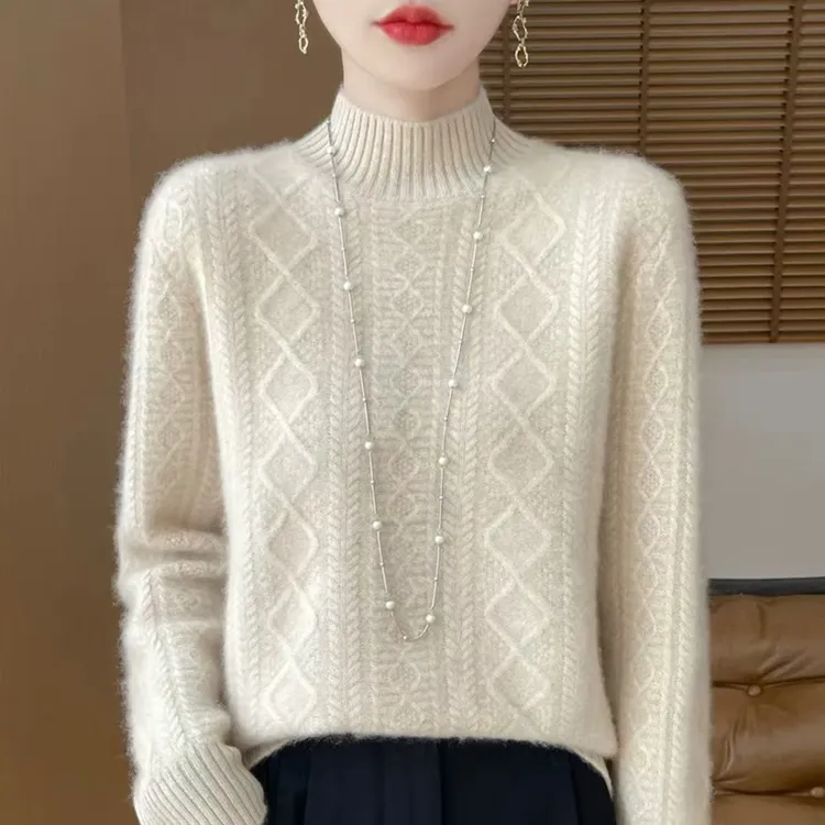 100纯羊毛女秋冬新款半高领百搭毛衣宽松时尚羊绒加厚针织打底衫