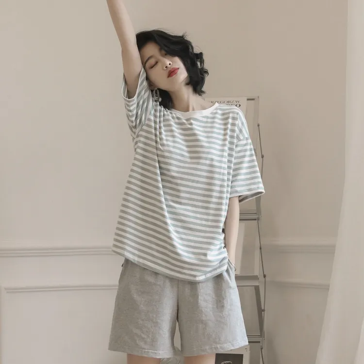 莫代尔2025年新款爆款睡衣女夏季纯棉短袖两件套夏天条纹薄家居服