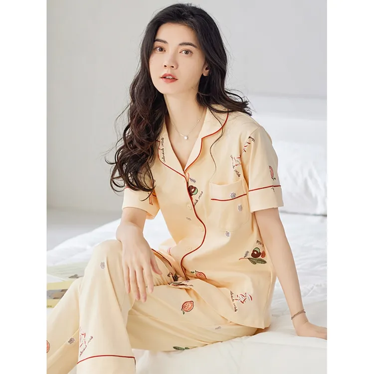 莫代尔睡衣女夏季纯棉短袖长裤春秋款开衫甜美100％全棉薄款家居服