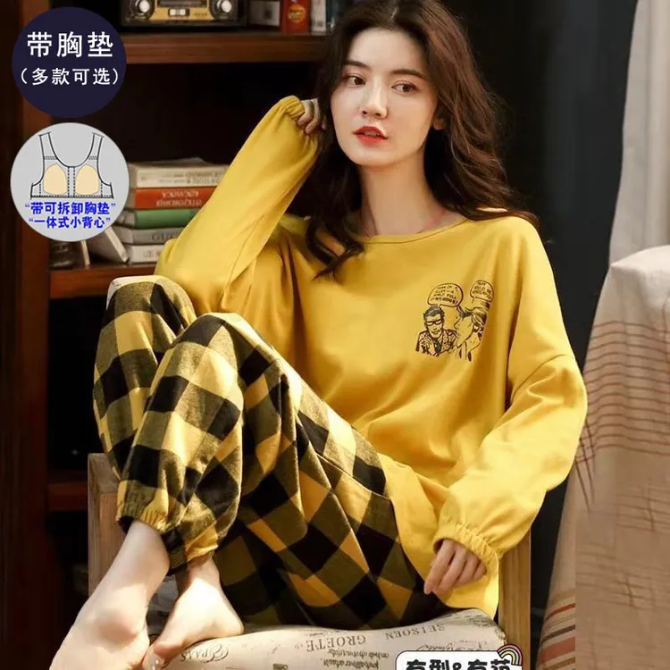带胸垫爆款睡衣女春秋季长袖纯棉100％全棉防凸点秋冬款卡通家居服