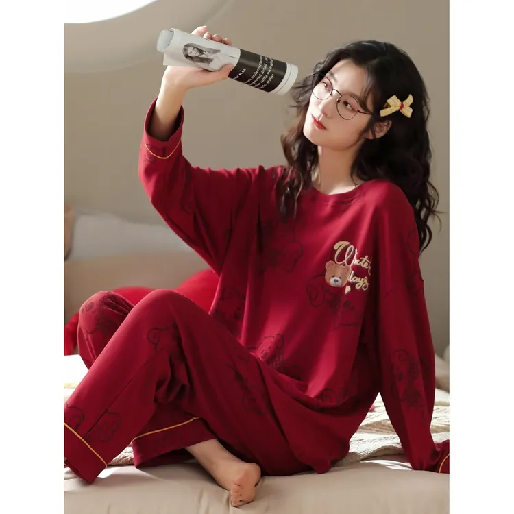 睡衣女春秋款纯棉长袖红色本命年可爱结婚新婚家居服秋冬季两件套