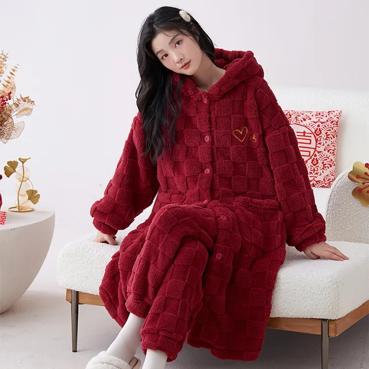 珊瑚绒睡衣女士冬季长款睡袍加厚保暖晨浴袍法兰绒休闲大红家居服