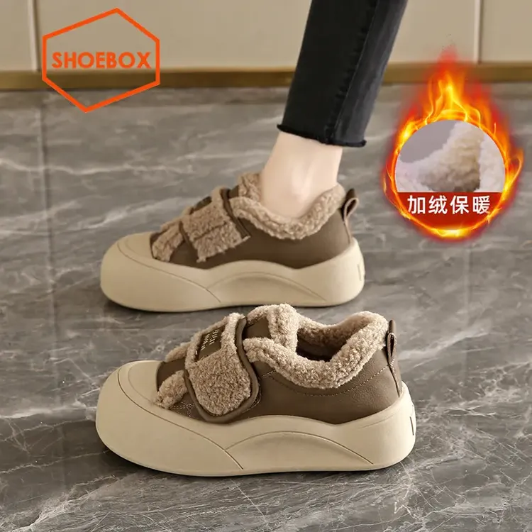 达芙妮集团旗下棉鞋女款冬季爆款魔术贴毛毛休闲鞋厚底复古面包鞋