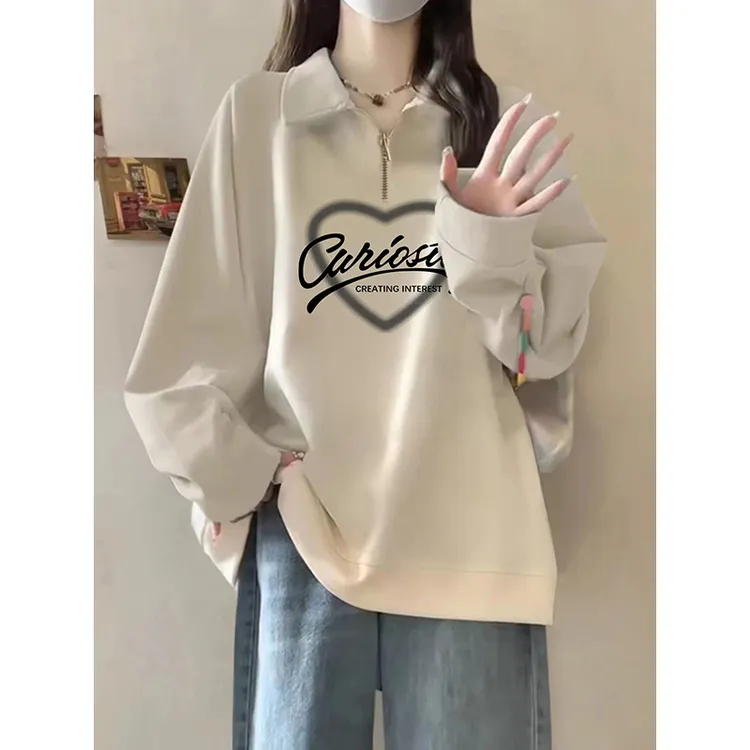 大码胖MM秋冬新款加绒加厚遮肉polo领宽松休闲薄款半拉链卫衣女
