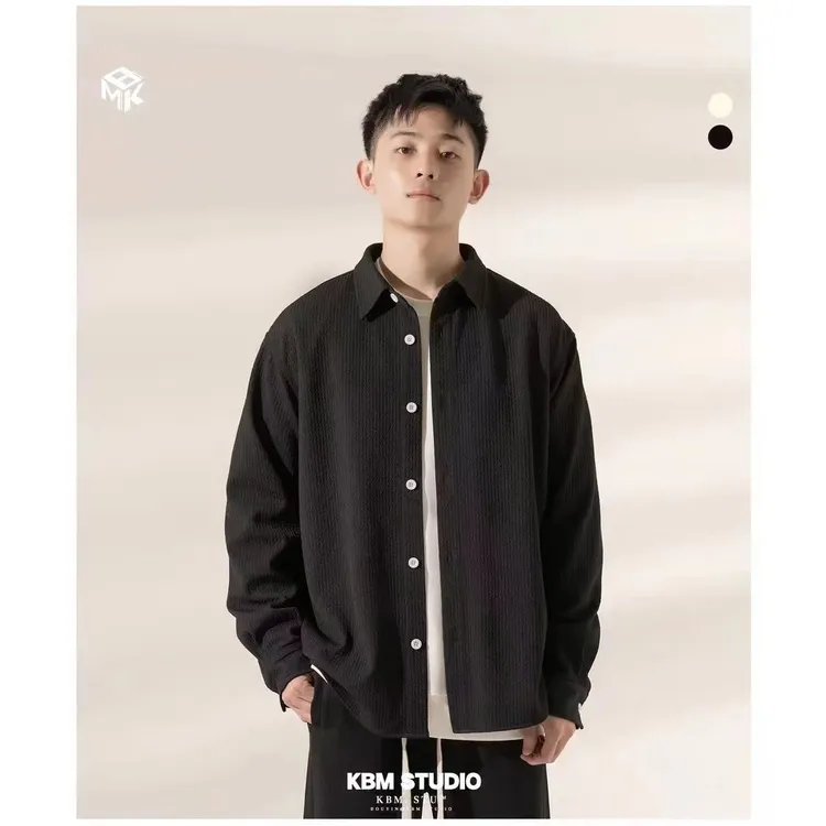 ins黑色秋季针织男装时尚春季休闲衬衫潮流百搭翻领衬衣简约长袖