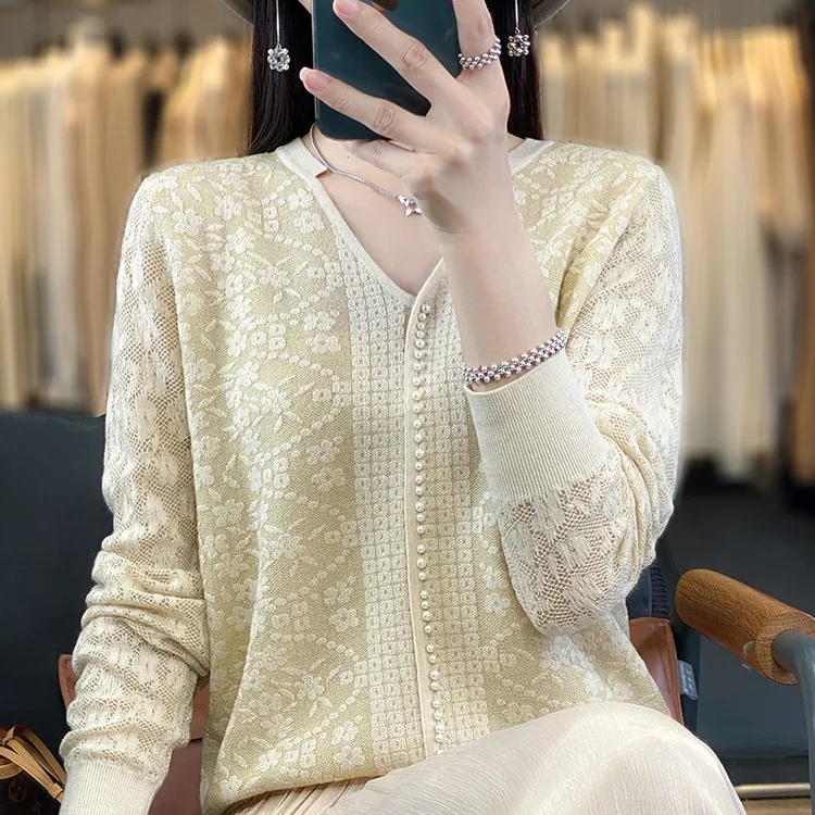 桑蚕丝+羊毛秋季针织打底衫外套上衣宽松百搭长袖ZH- 2350