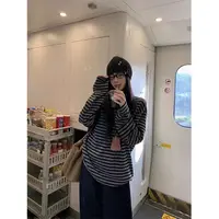复古黑灰条纹长袖t恤女春秋季新款百搭宽松内搭打底衫慵懒风上衣