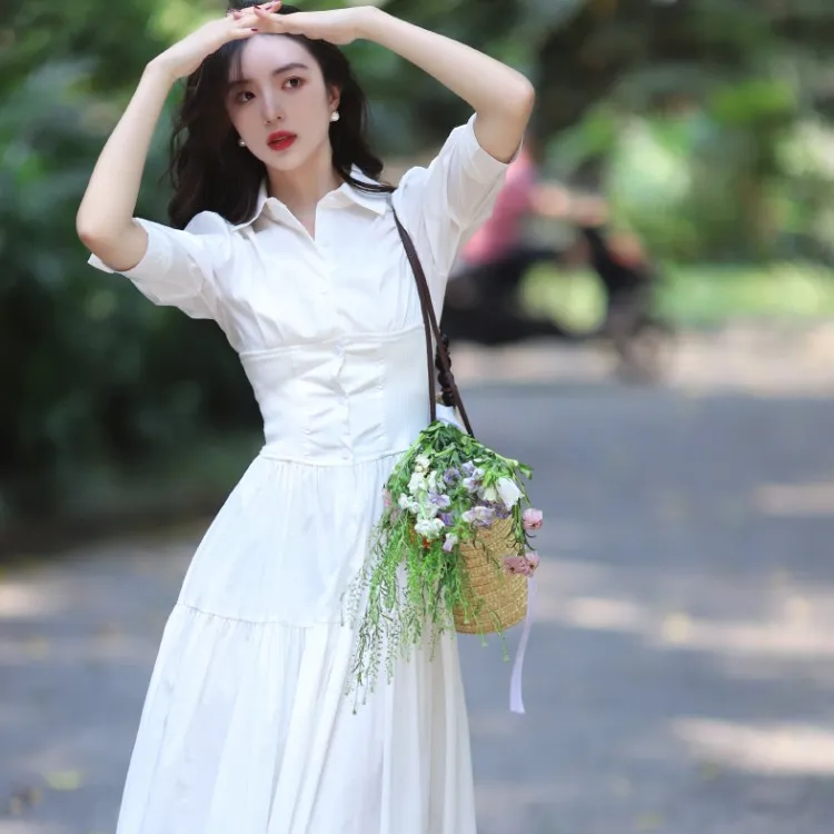 juju定制法式复古白色连衣裙通勤中长款收腰显瘦气质衬衫裙女夏季