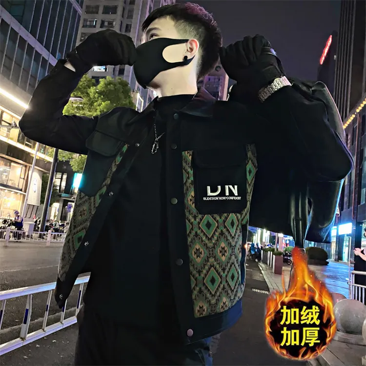 高级感冬季休闲时尚外装加绒加厚男士痞帅百搭长袖修身牛仔外套男