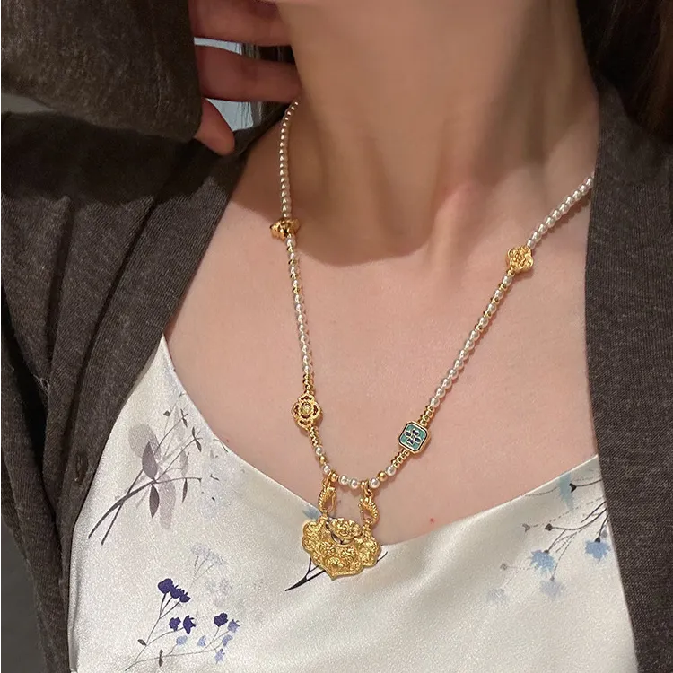 铜合金吊坠 新中式双头古法国风锦鲤平安如意锁吊坠项链新款配饰