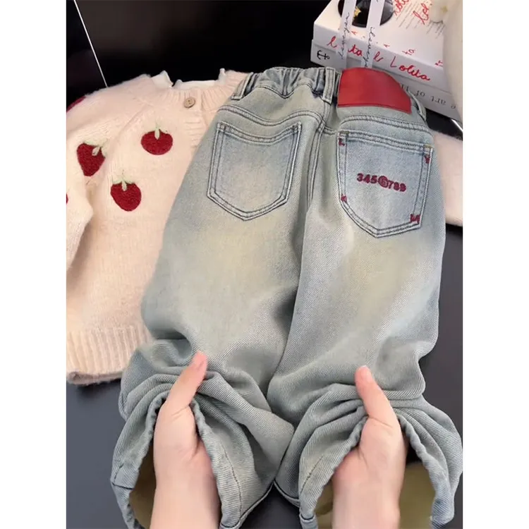 女童冬季牛仔裤加绒加厚中大童直筒休闲裤童装百搭阔腿软牛仔裤潮