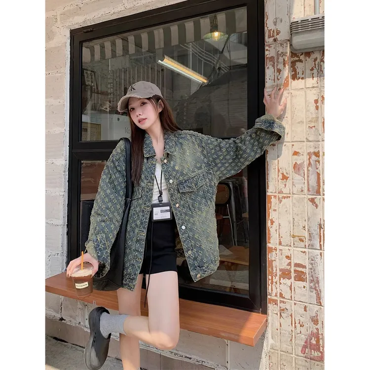 美式复古提花牛仔外套女春秋冬季高级设计感小众休闲百搭夹克上衣