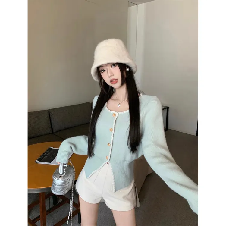 小香风勾边气质长袖外套女2024秋季网红蓝色百搭开叉短款上衣ins