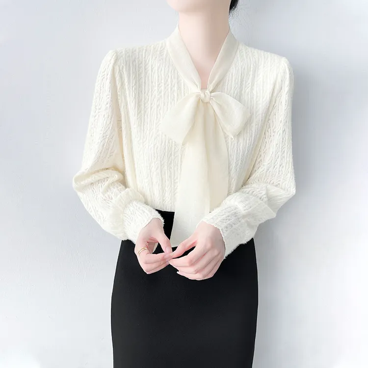 韩帛雅Q457蝴蝶结天鹅绒蕾丝加绒打底衬衫女气质针织秋冬百搭显瘦