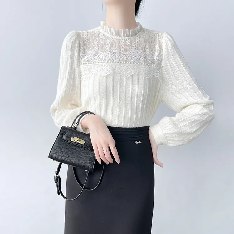 韩帛雅Q476蕾丝拼接钉珠提花衬衫女秋冬木耳边半高领保暖磨毛上衣