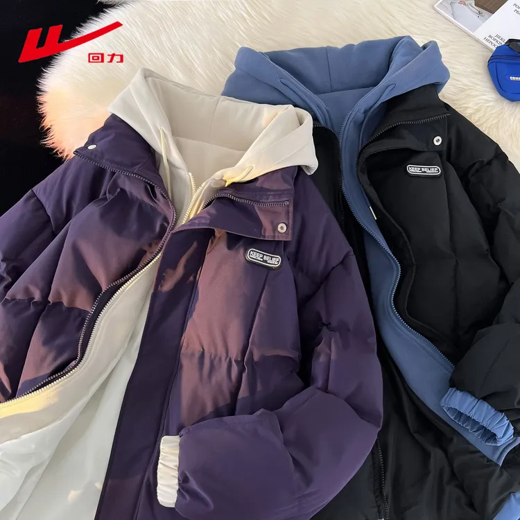Warrior/回力冬季假两件连帽情侣棉衣百搭加厚保暖棉服休闲外套潮