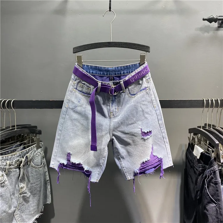 欧洲站短裤女夏季宽松直筒新款破洞牛仔裤女高腰显瘦阔腿五分裤子