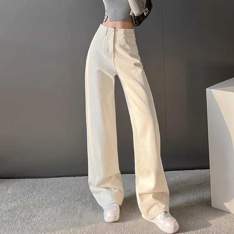 米白高腰阔腿拖地牛仔裤子女窄版春秋季新款宽松显瘦设计感直筒裤