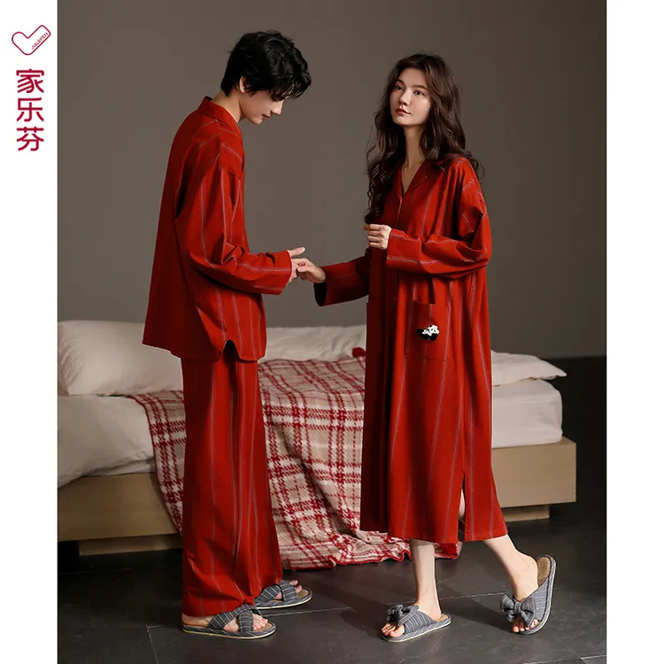 家乐芬红色睡衣结婚新婚情侣套装纯棉女款男士春秋款家居服本命年
