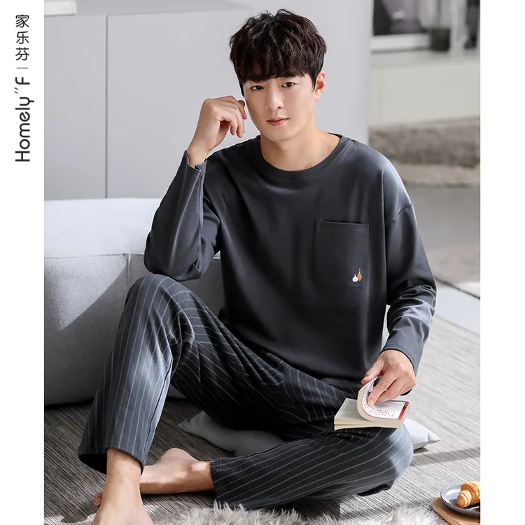 家乐芬【新疆棉】春秋款纯棉长袖男士家居服套头睡衣男款休闲套装