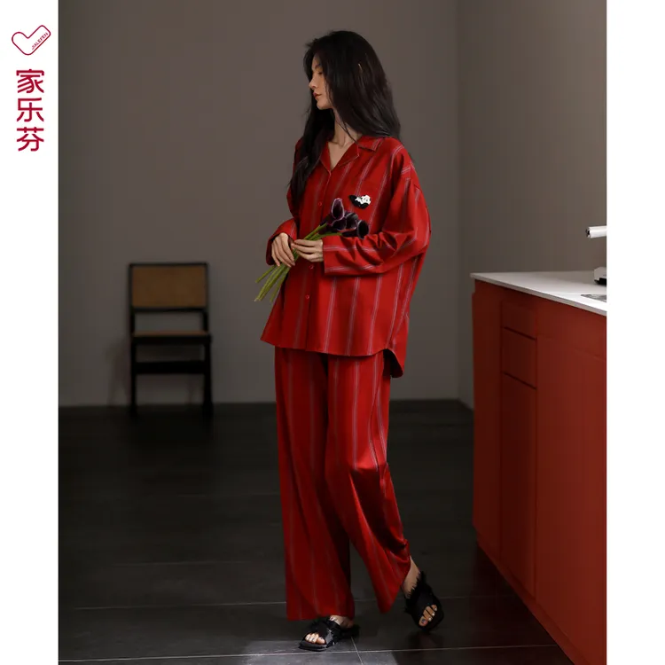 家乐芬大红色睡衣女结婚新婚新娘春秋款纯棉长袖家居服本命年蛇年
