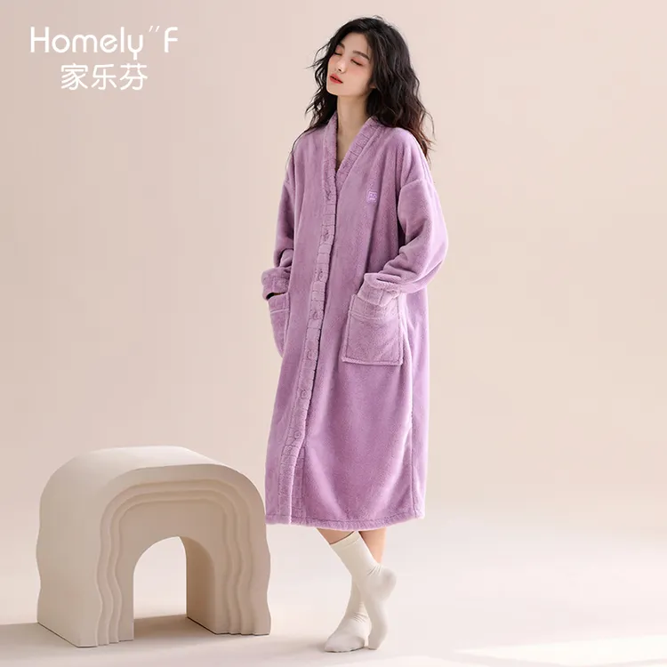 家乐芬【法兰绒】冬季女士睡衣浴袍长款珊瑚绒加厚加绒外套睡袍