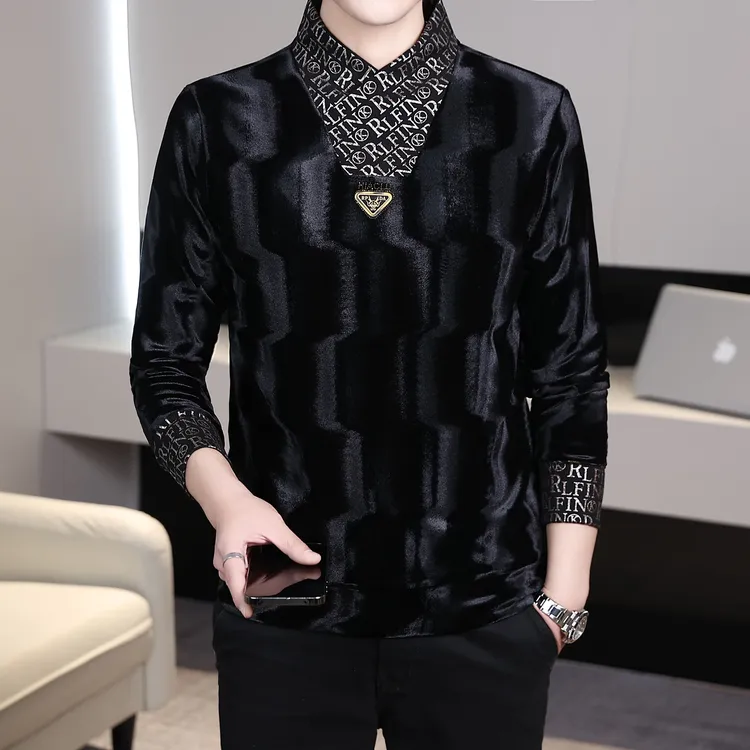 2024冬季金丝绒男士洋气V领卫衣百搭内穿套头休闲男装打底衫长袖