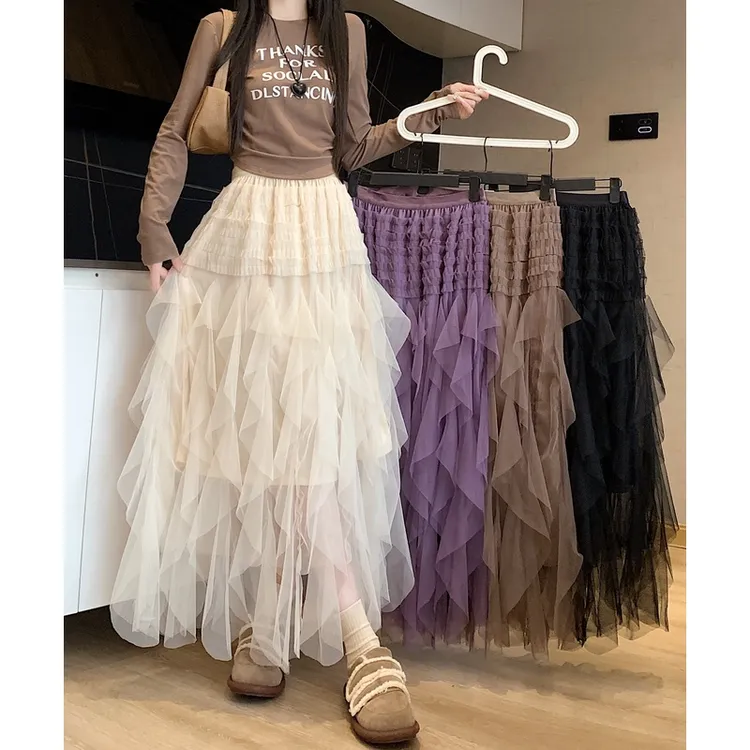 咖色蛋糕裙女网纱半身裙2025秋冬新款不规则A字中长款层层蓬蓬裙