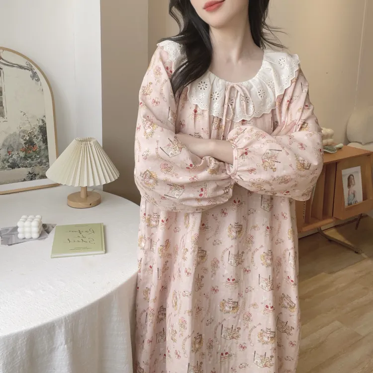 【5504猫咪长裙】长袖圆领甜美新款棉外穿公主家居服睡衣宽松大码