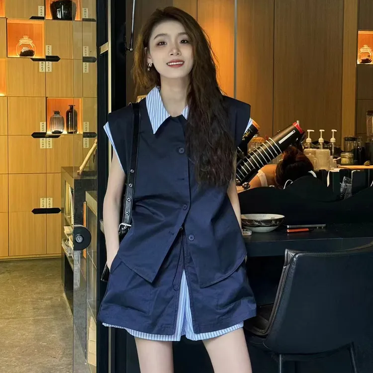 夏日清凉感休闲气质显瘦套装高级感小众条纹拼色裙裤套装