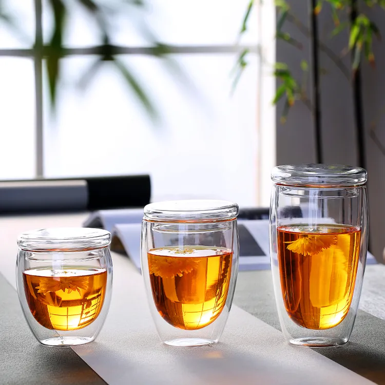 创意双层玻璃杯透明家用防烫隔热带盖耐热咖啡杯办公室泡茶水杯子