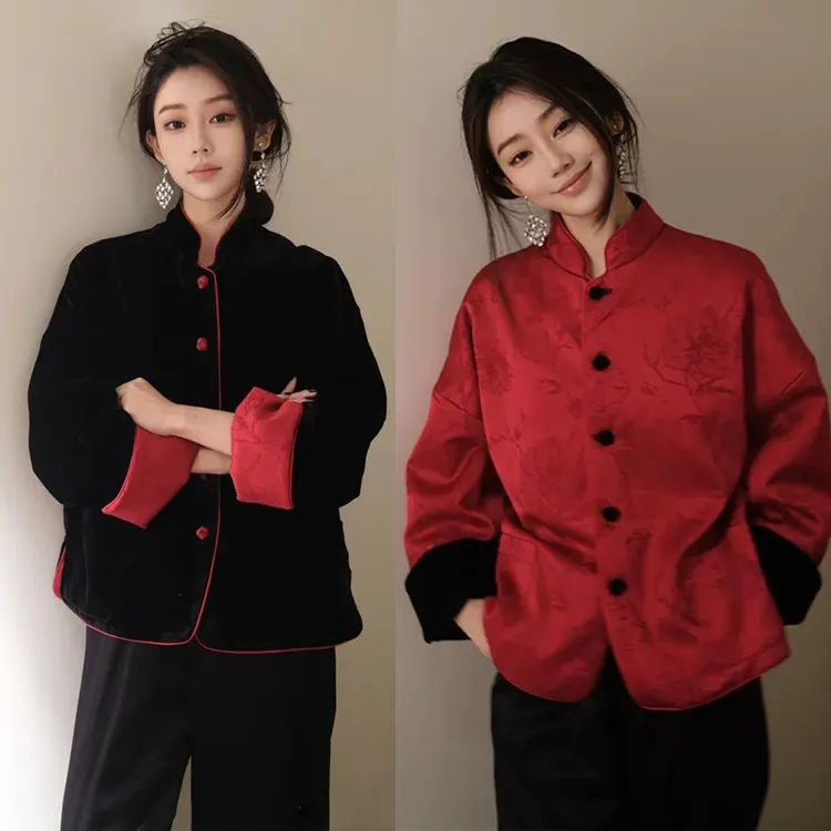 新中式双面穿立领盘扣丝绒提花上衣高级感改良唐装本命年红色外套